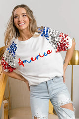 BiBi America Letter Applique Spangle Puff Sleeves Top OutfitFlow