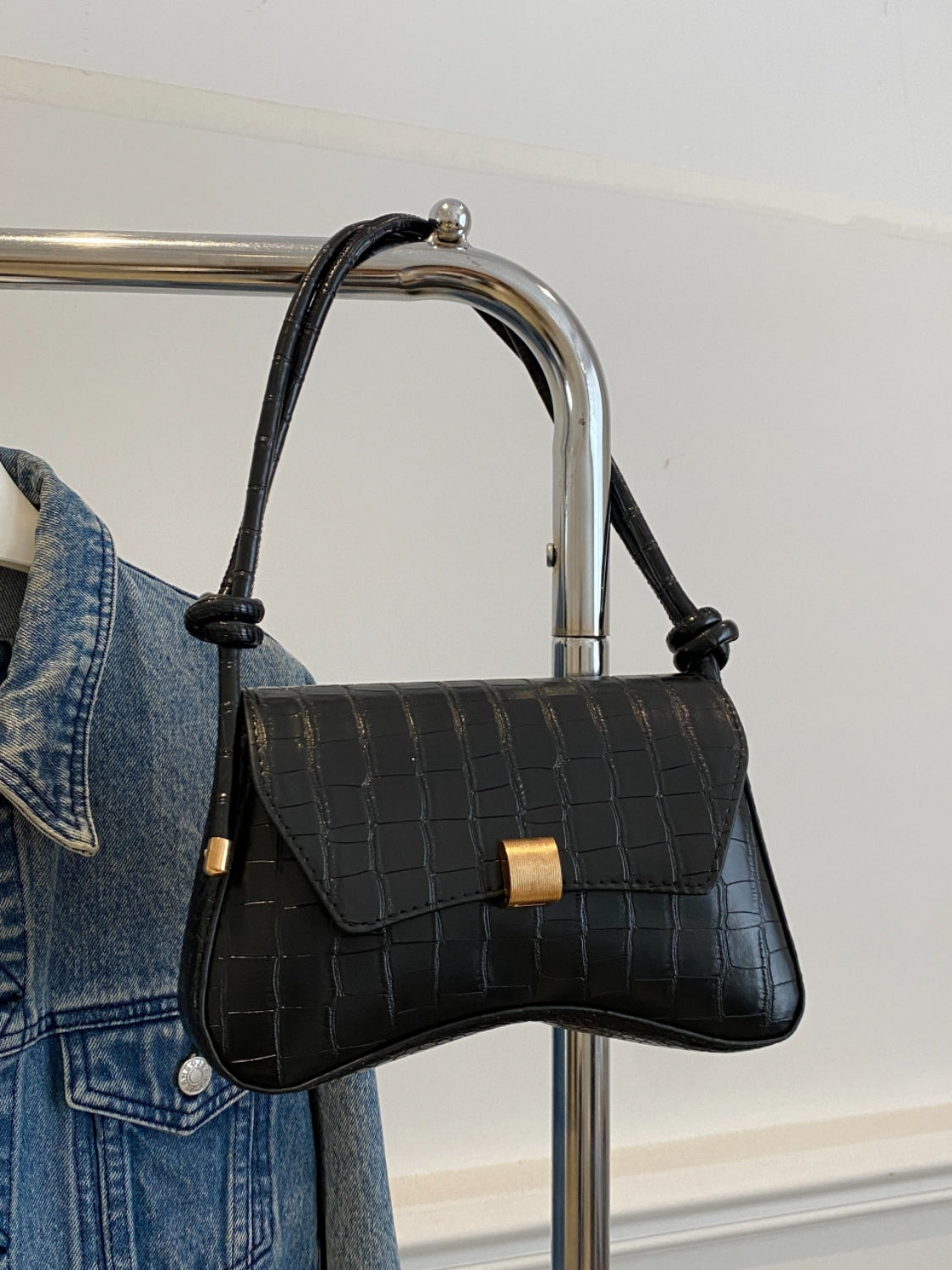PU Leather Texture Crossbody Bag Black One Size OutfitFlow