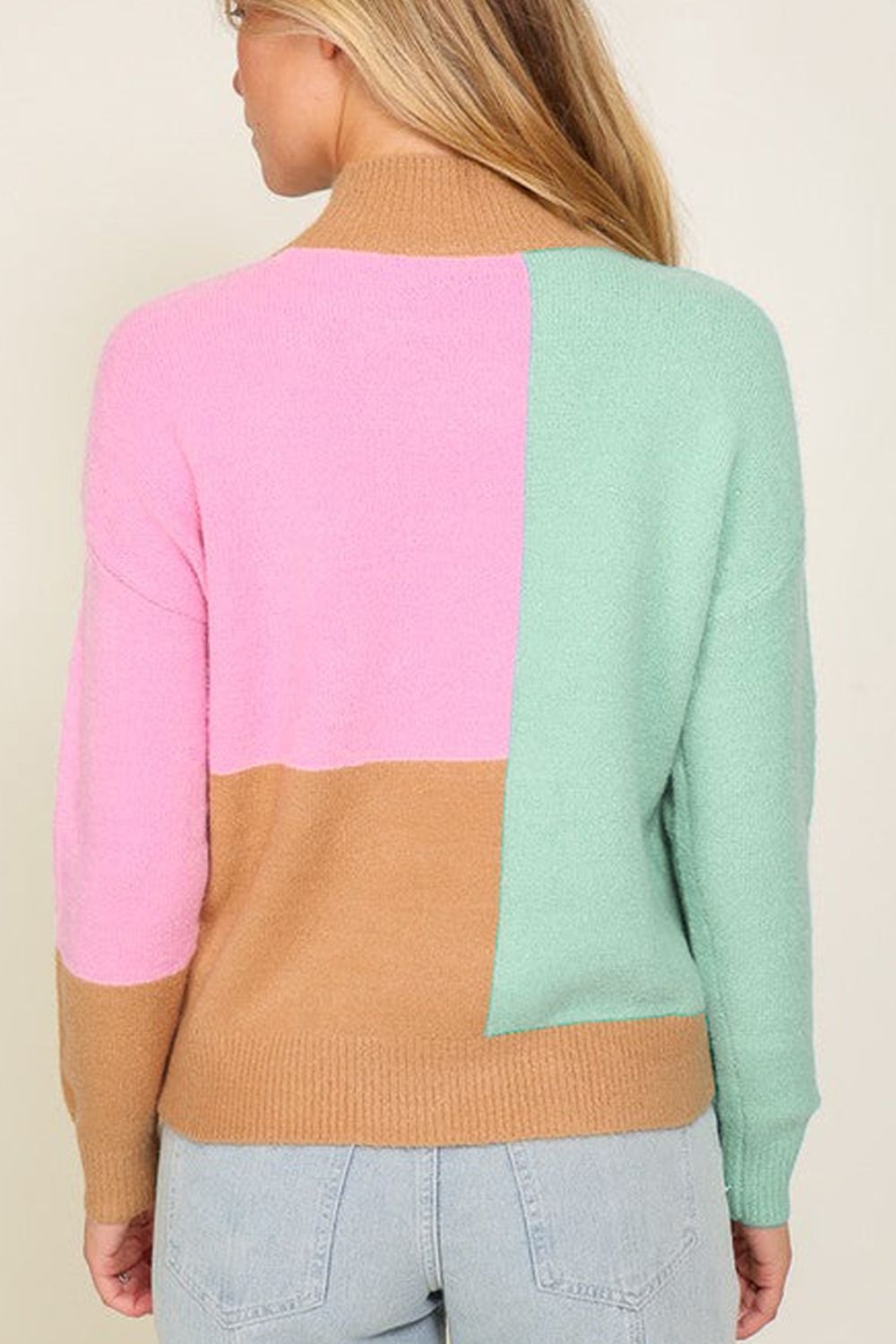 Outfit Flow - Color Block Mock Neck Ribbed Trim Sweater