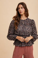 Annie Wear Abstract Print Balloon Sleeve Peplum Blouse