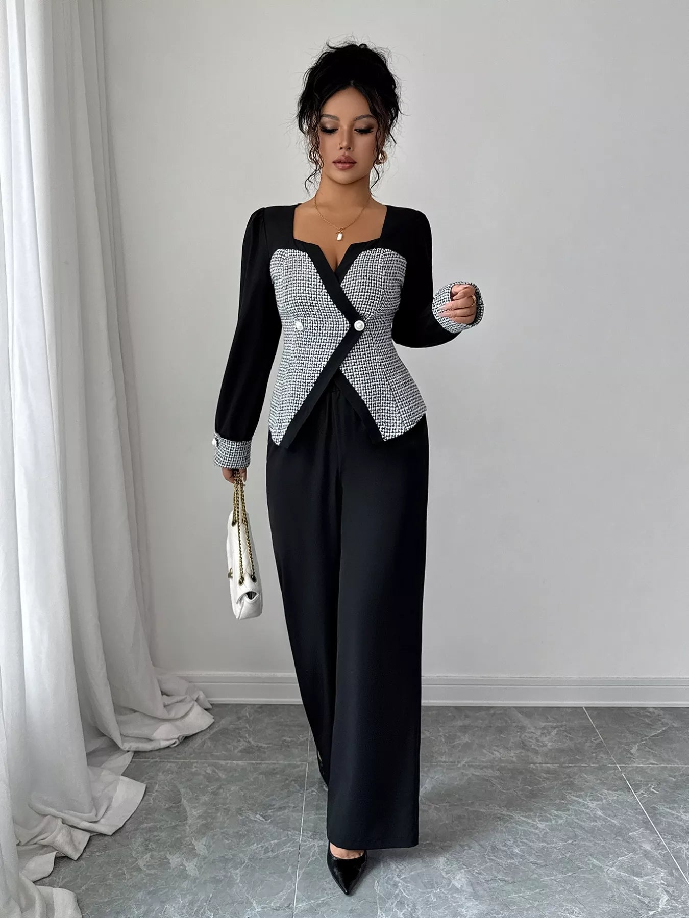 Long Sleeve Top and Wide Leg Pants Set OutfitFlow