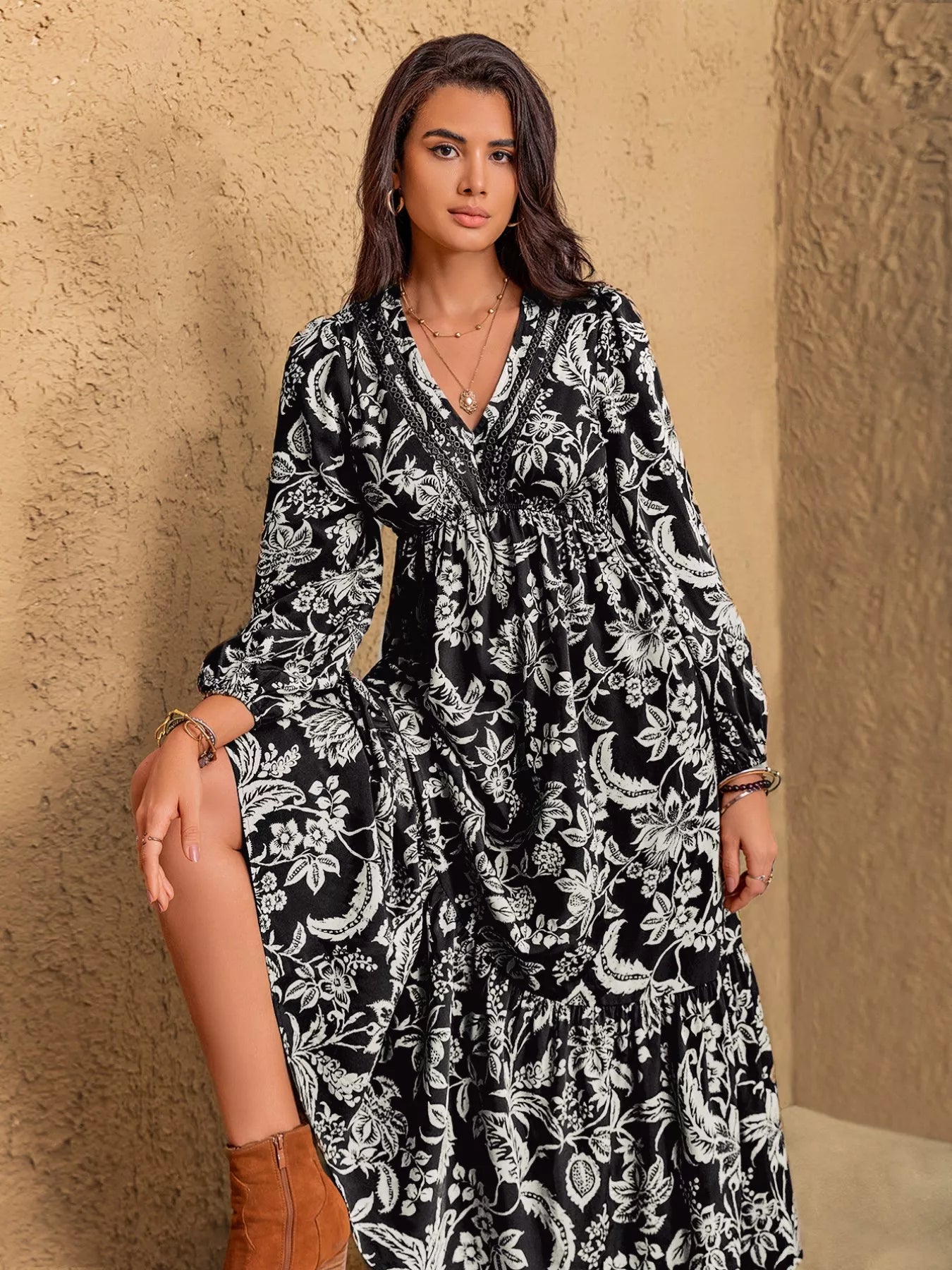Floral Print V-Neck Long Sleeve Ruffle Hem Midi Dress Black OutfitFlow