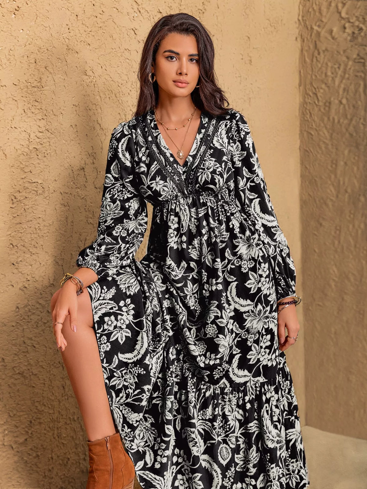 Floral Print V-Neck Long Sleeve Ruffle Hem Midi Dress Black OutfitFlow