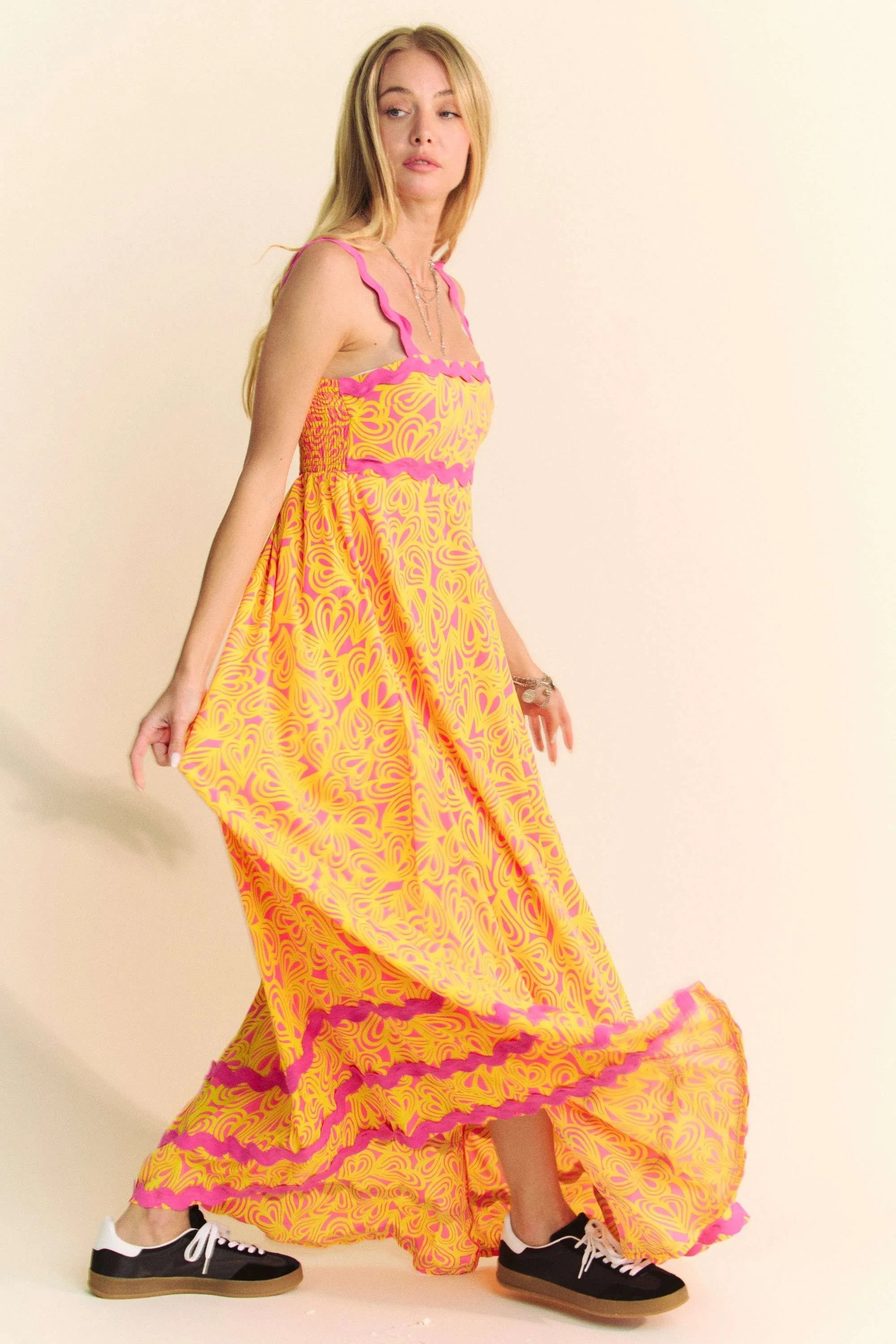 Davi & Dani Geo 2 Tone Printed Wavi Trim Tiered Maxi Dress OutfitFlow