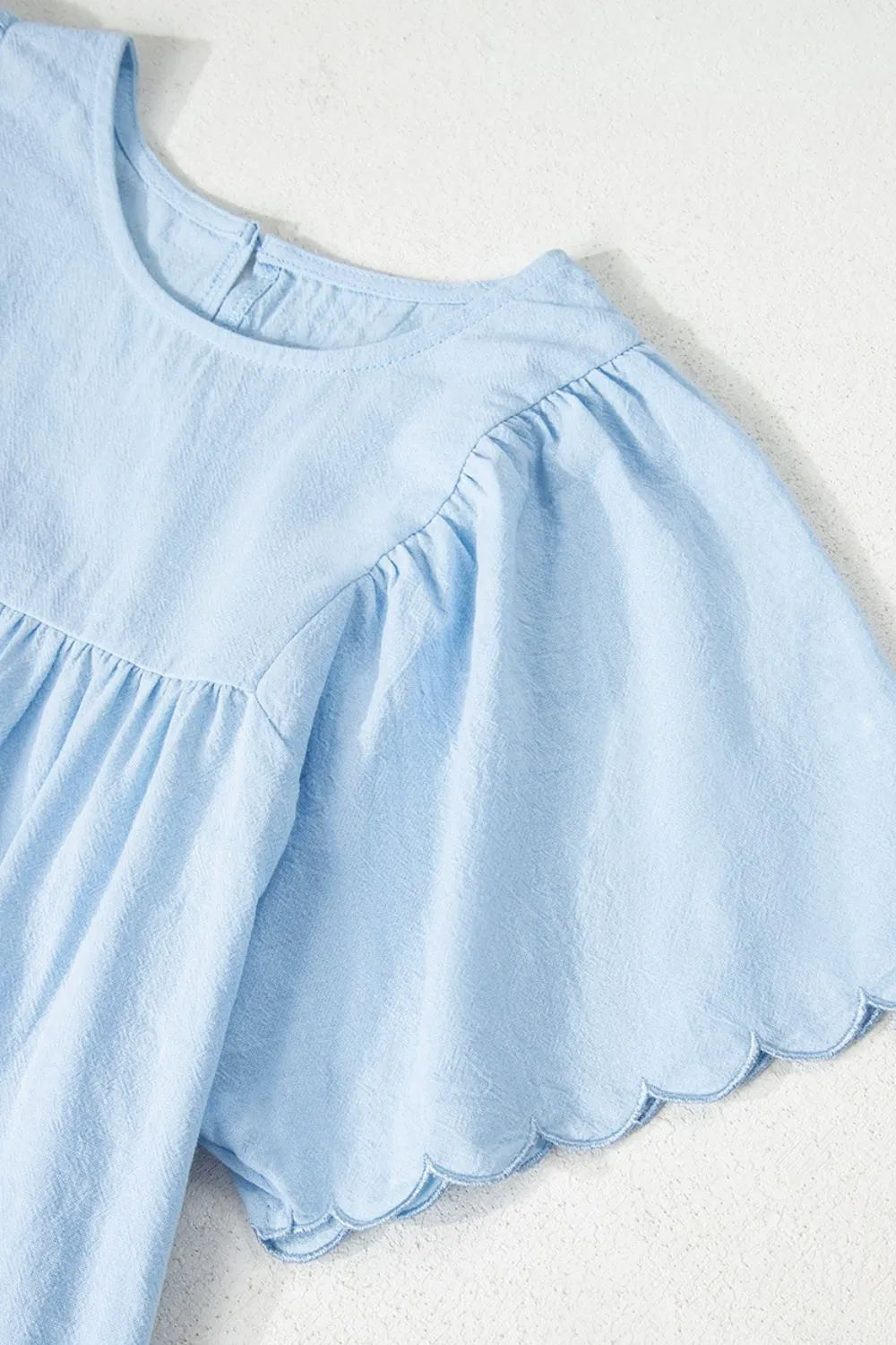 Solid Color Embroidered Scalloped Sleeves Crew Neck Blouse OutfitFlow