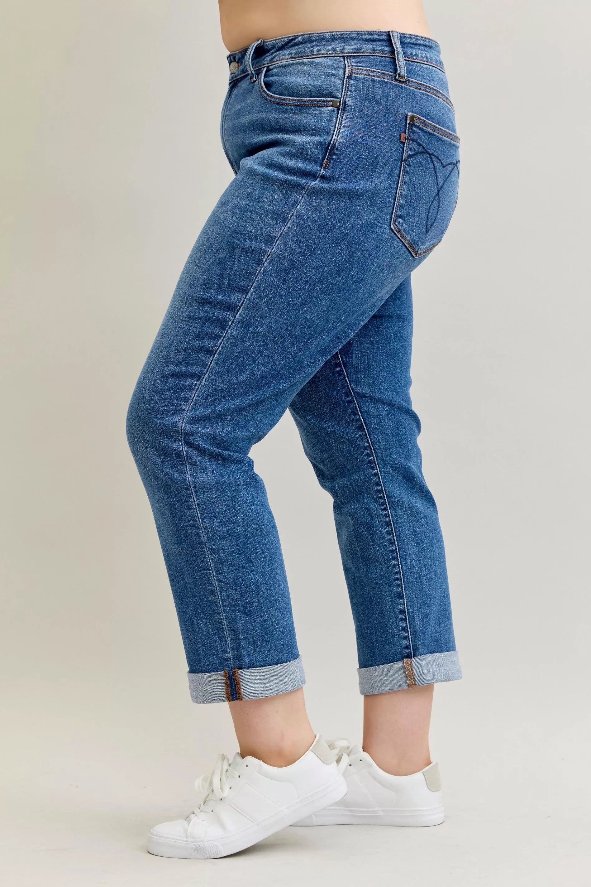 Judy Blue Full Size Mid Rise BF Classic Cuffed Jeans Plus Size OutfitFlow