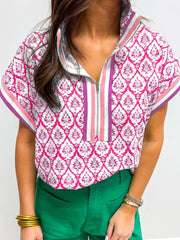 Printed Half Zip Short Sleeve Blouse OutfitFlow