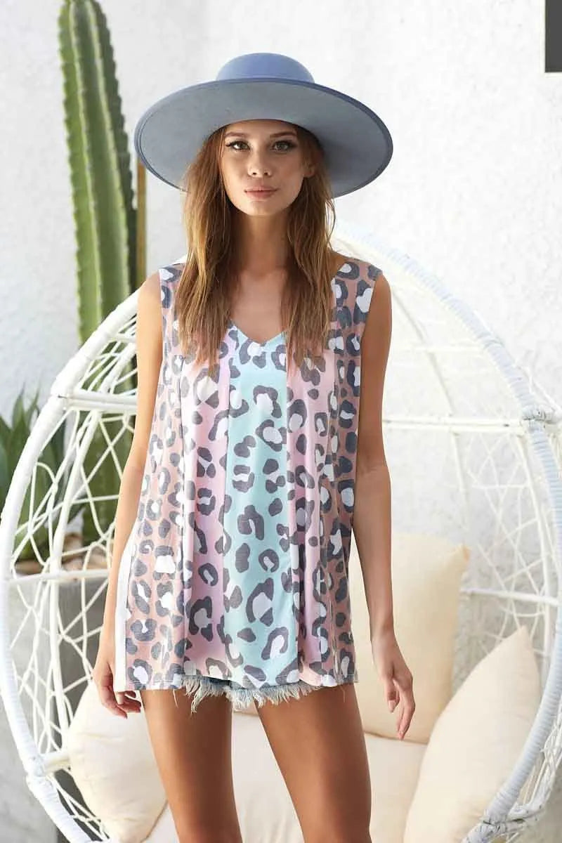 BiBi Leopard Printed Jersey Knit Color Block Sleeveless OutfitFlow