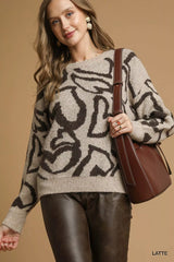 Umgee Heart Print Crew Neck Sweater LATTE Trendsi