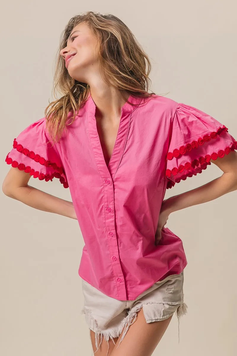 BiBi Dot Trim Flutter Sleeve Notched Top OutfitFlow