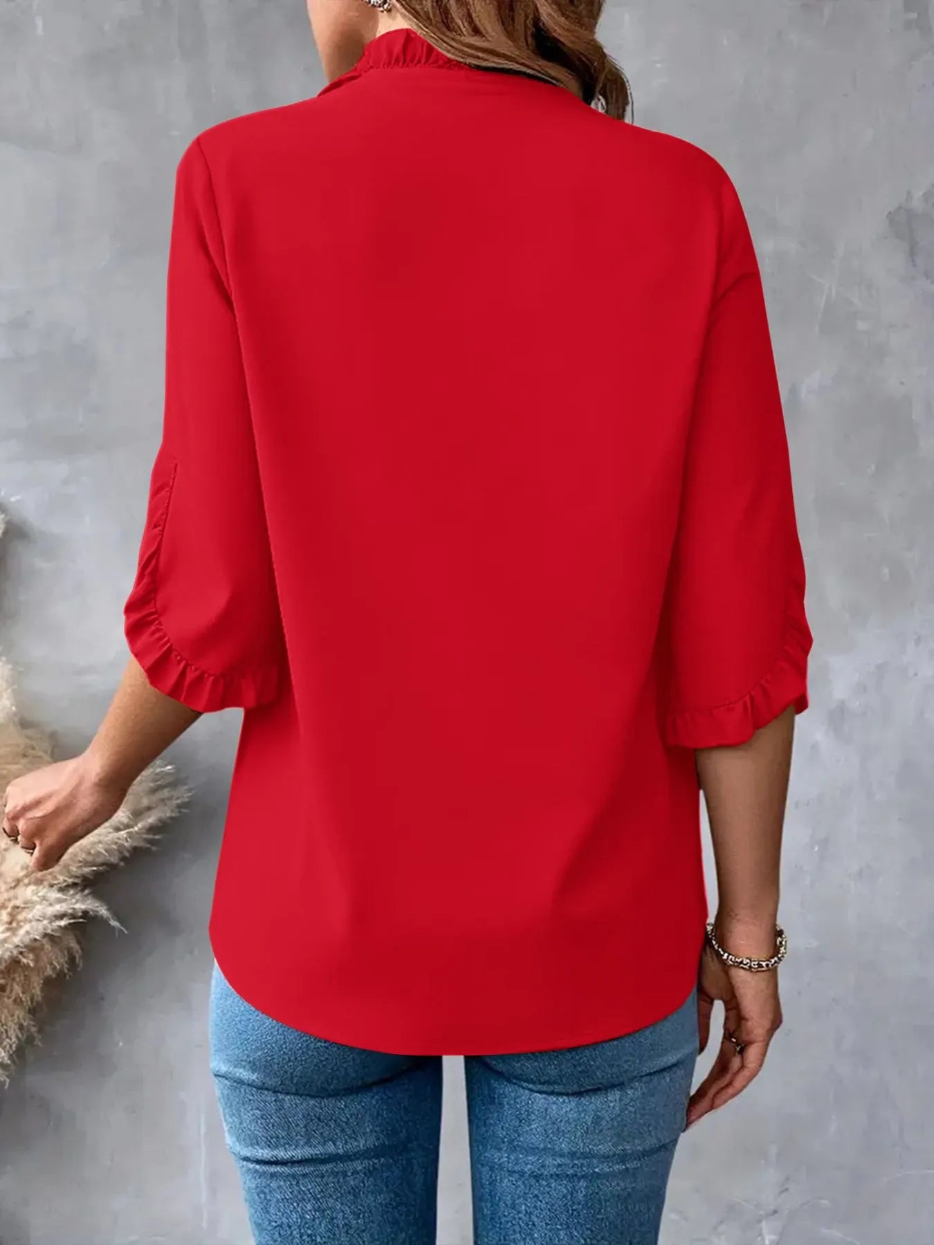 Ruffled V-Neck Short Sleeve Blouse OutfitFlow