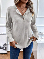 Ribbed Knit Button Detail Long Sleeve T-Shirt OutfitFlow
