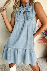 Tie Neck Sleeveless Denim Dress Light Blue OutfitFlow