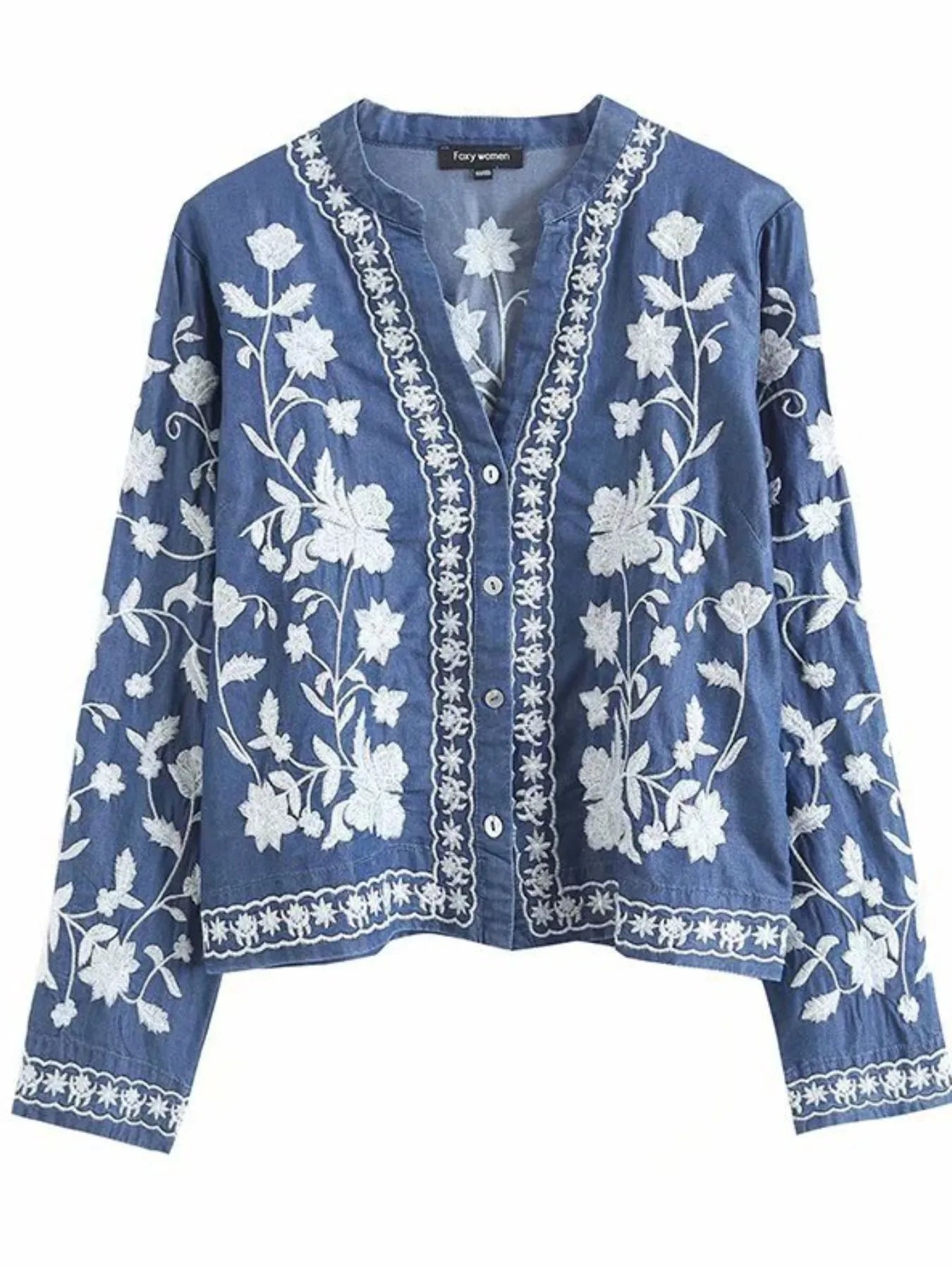 Floral Embroidered Button Up Denim Shirt OutfitFlow