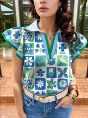 Floral Print Collared Blouse with Flutter Sleeves Turquoise OutfitFlow