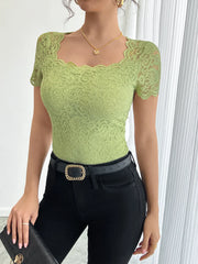 Floral Lace Square Neck T-Shirt OutfitFlow
