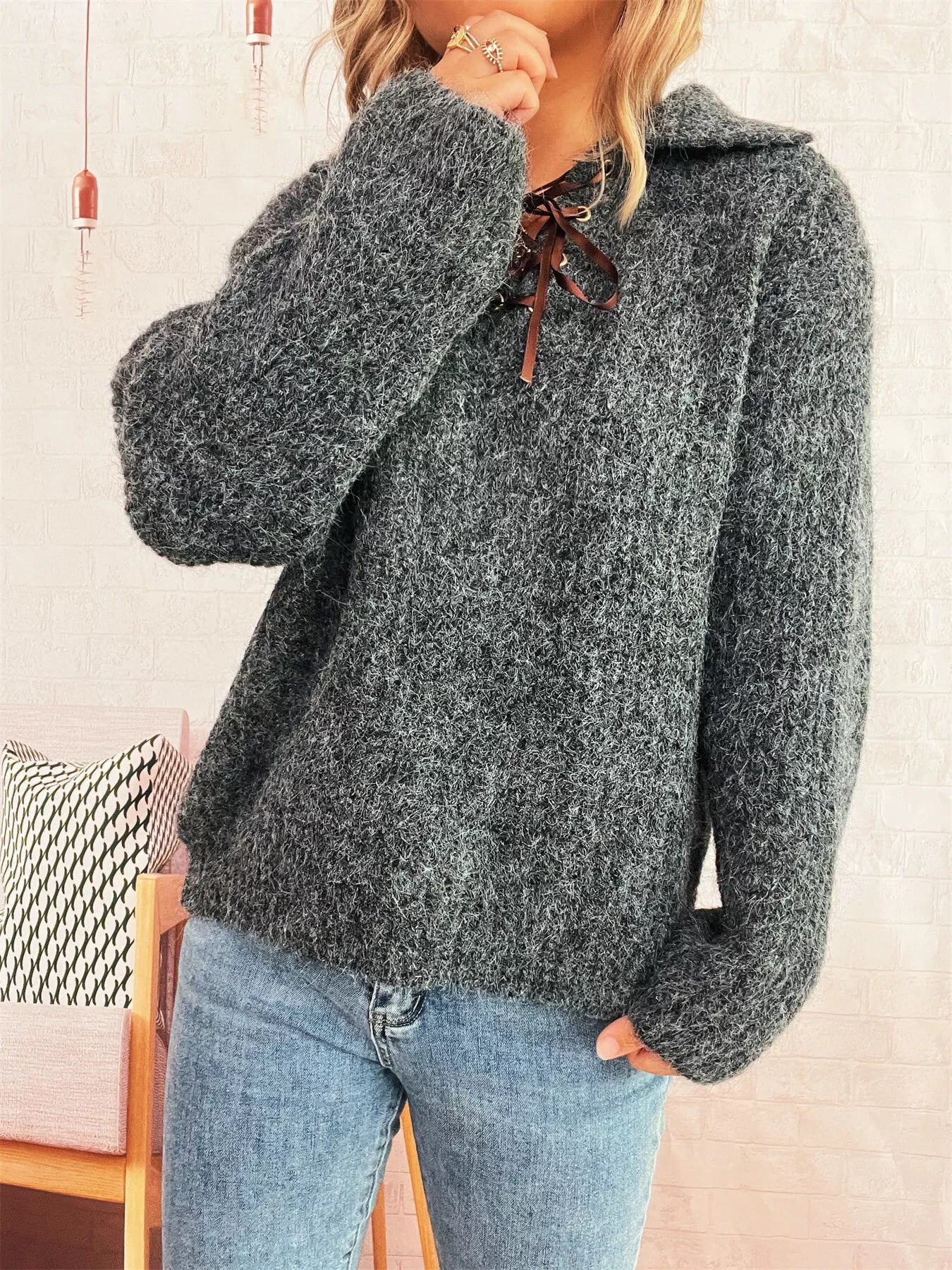 Lace Up Long Sleeve Sweater OutfitFlow