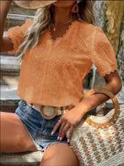 Full Size Lace Detail Eyelet V-Neck Short Sleeve Blouse Plus Size OutfitFlow