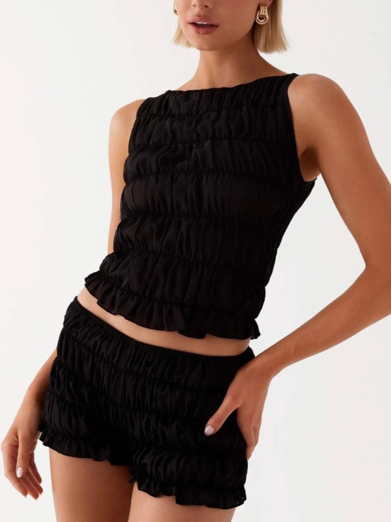 Ruched Texture Tank and Shorts Two-Piece Set OutfitFlow