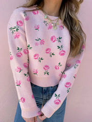Floral Drop Shoulder Cropped Sweater Delicacy OutfitFlow
