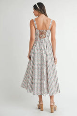 MABLE Floral Print Bustier Back Lace Up Midi Dress OutfitFlow