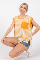 Ces Femme Side Slit Striped Cap Sleeve T-Shirt