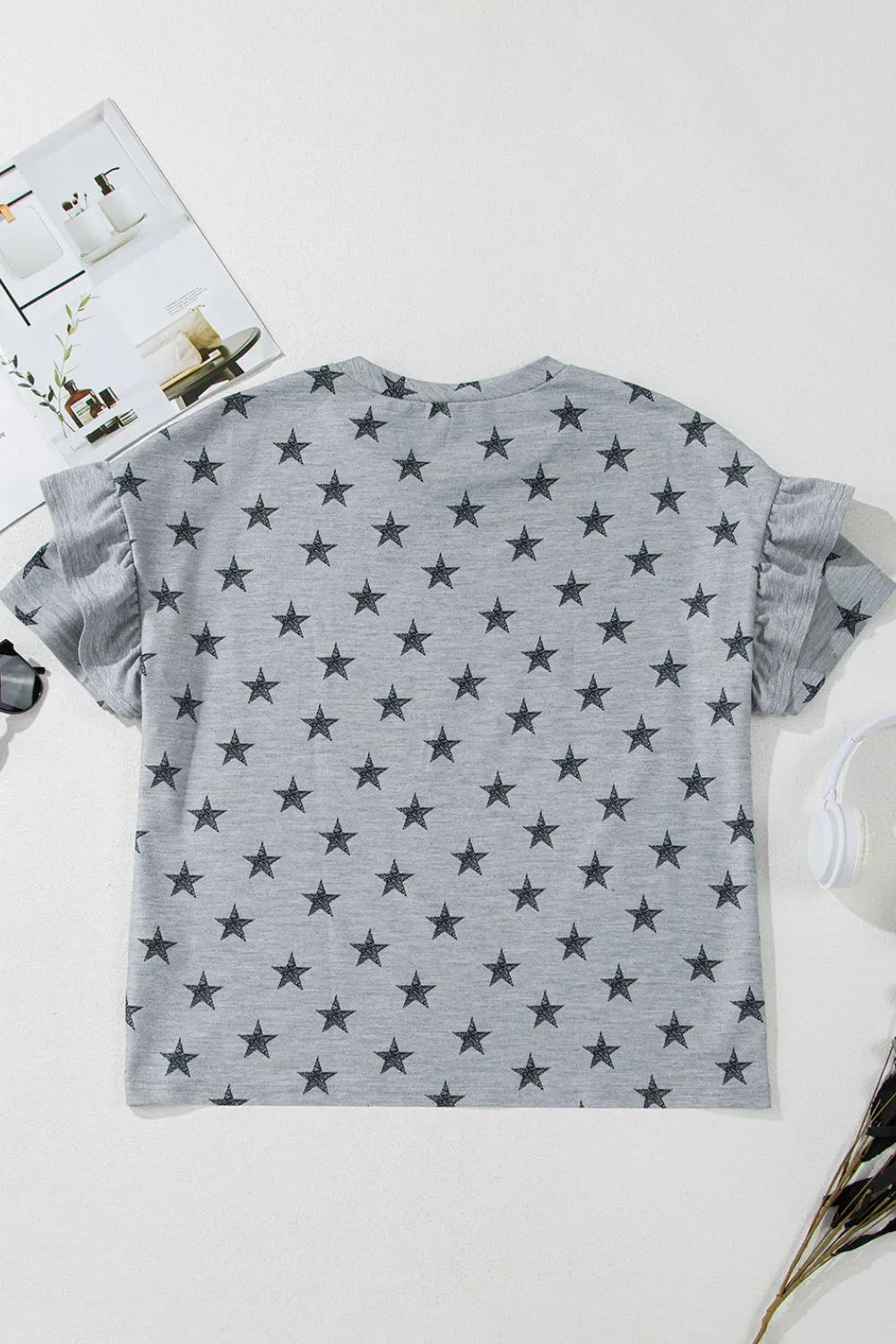 Star Print Tiered Ruffled Sleeve Crew Neck T Shirt OutfitFlow