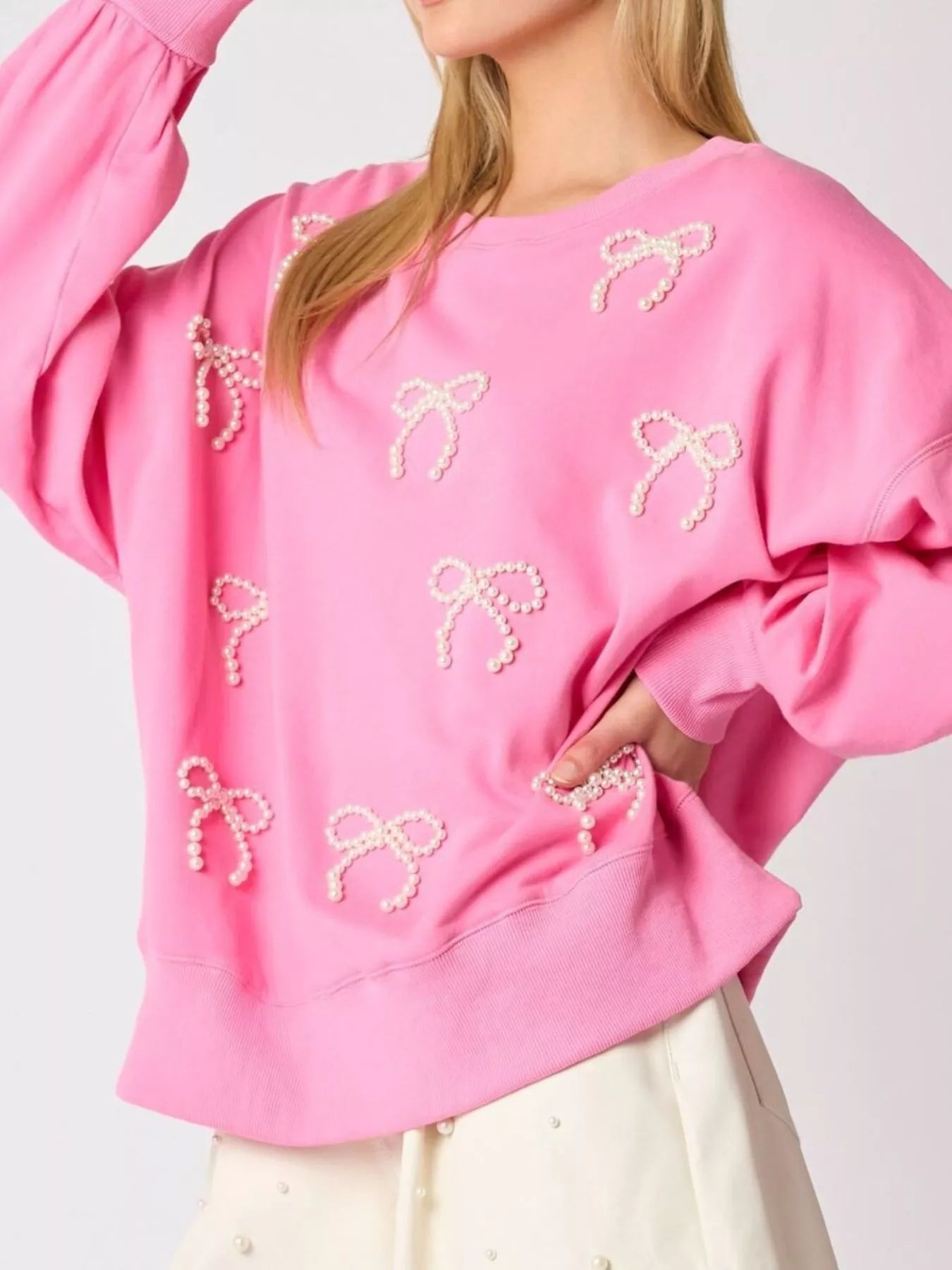 Pearl Embellished Bow Long Sleeve Sweatshirt Pink OutfitFlow