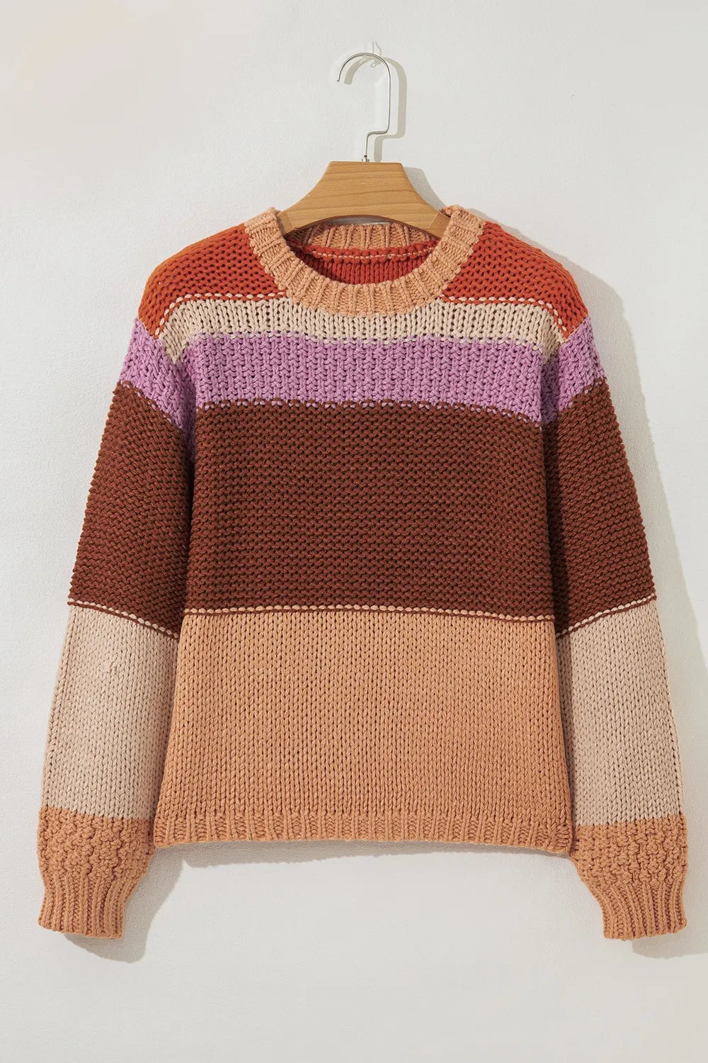 Colorblock Striped Round Neck Sweater OutfitFlow