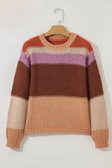 Colorblock Striped Round Neck Sweater OutfitFlow