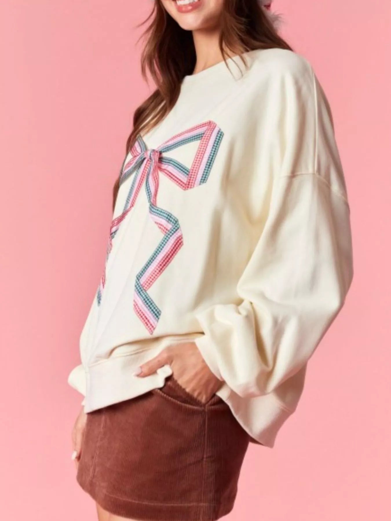 Bow Crew Neck Sweatshirt OutfitFlow