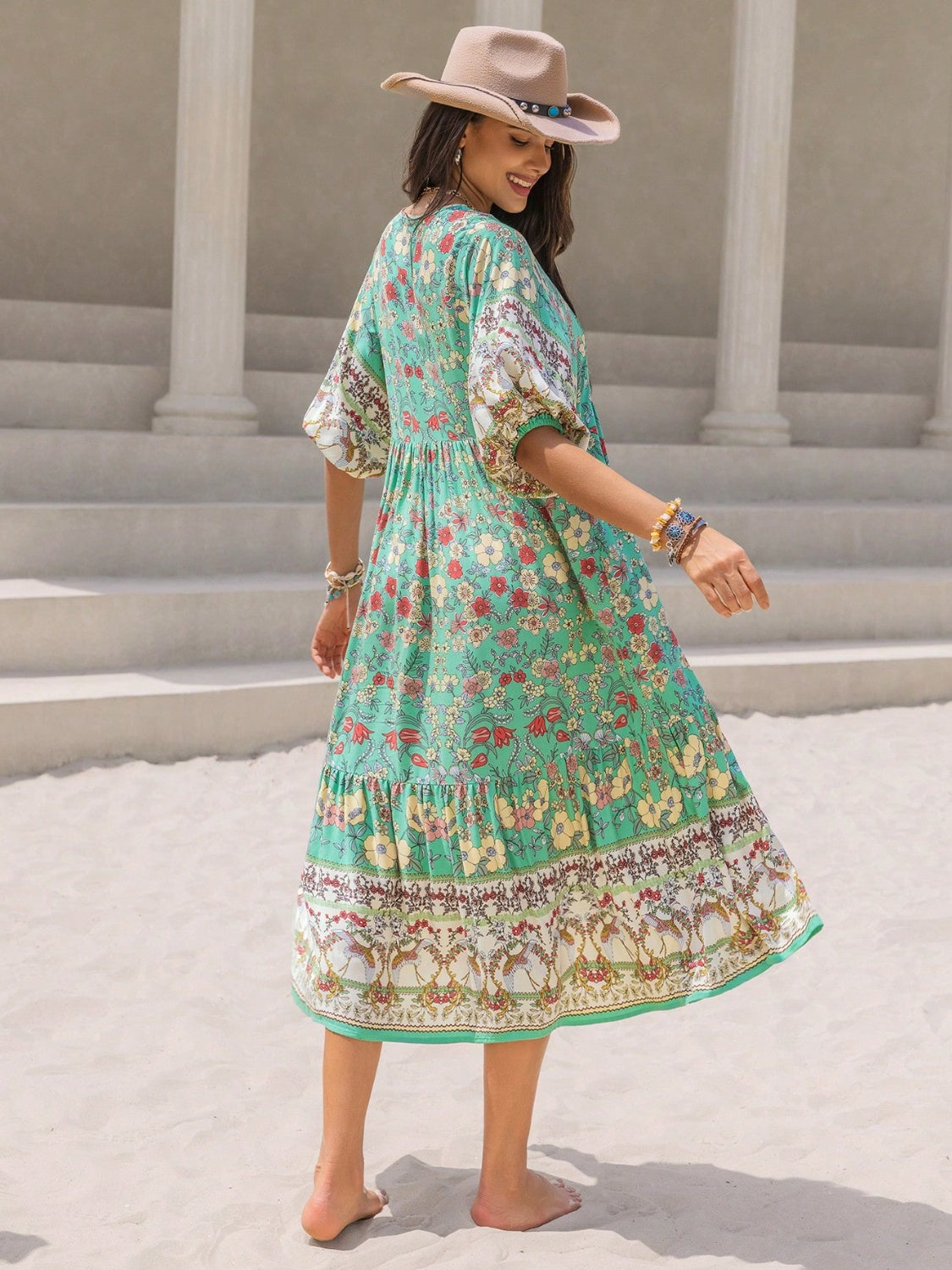 Ruched Printed Puff Sleeve Midi Dress OutfitFlow