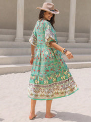 Ruched Printed Puff Sleeve Midi Dress OutfitFlow