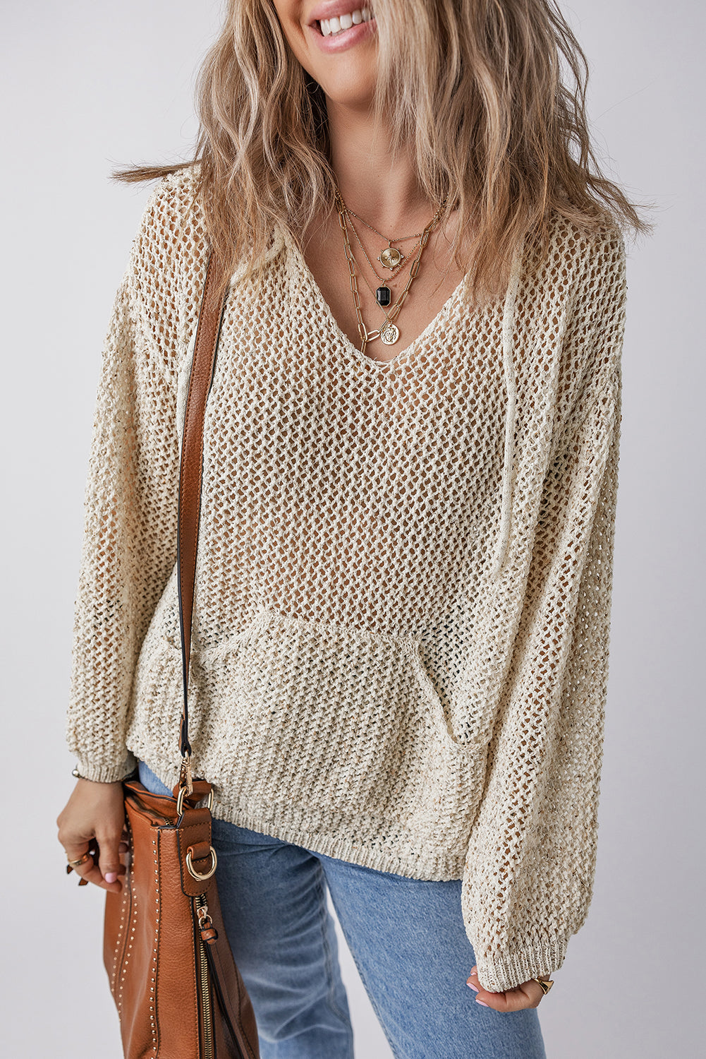 Outfit Flow - Openwork Dropped Shoulder Hooded Knit Top