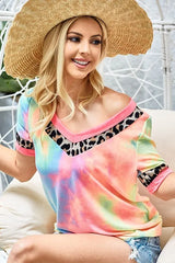 BiBi Rainbow Tie-Dye Leopard Trim V-Neck T-Shirt OutfitFlow