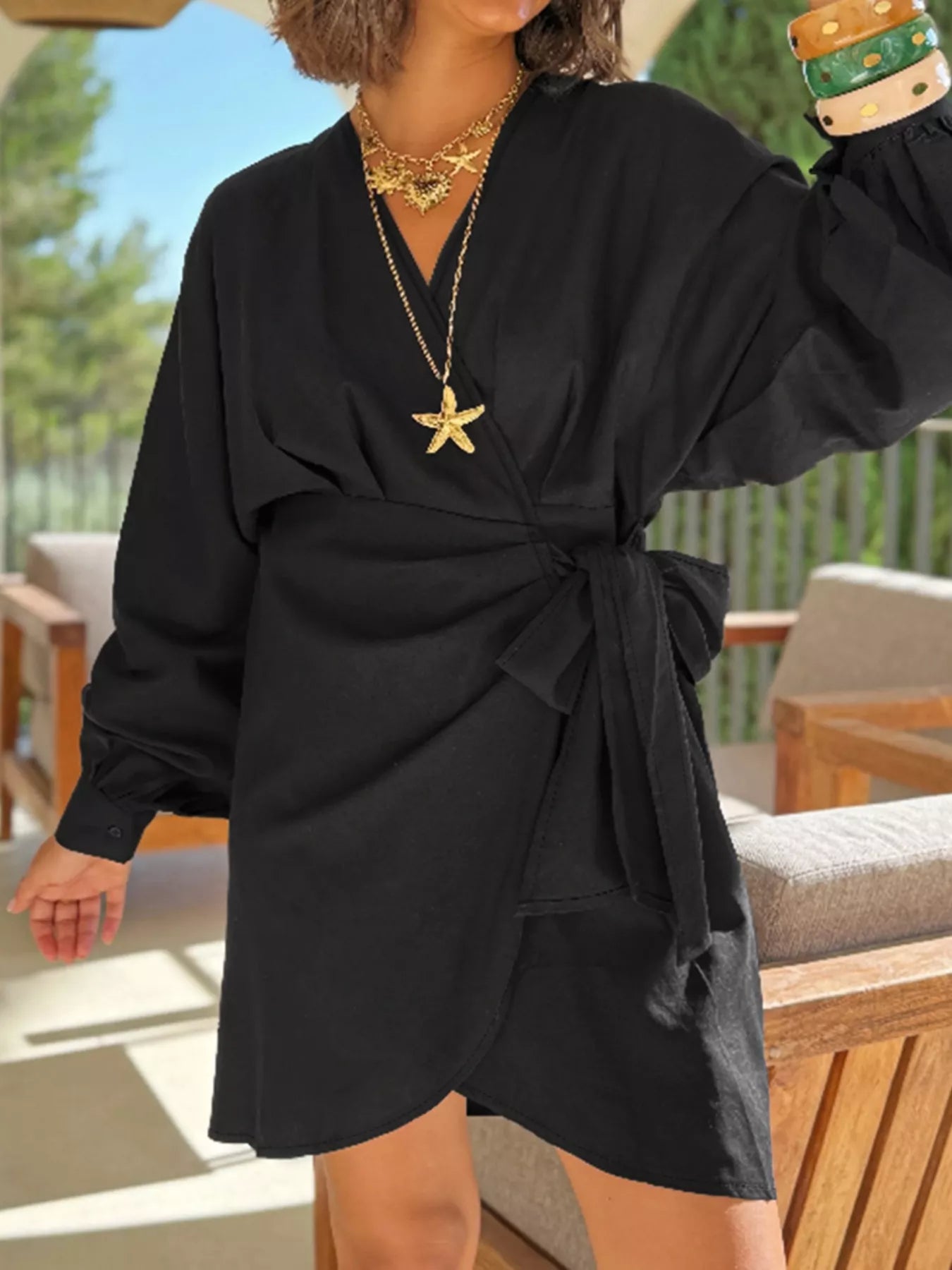 Plus Size Surplice Long Sleeve Wrap Mini Dress Black Trendsi