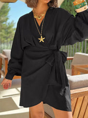 Plus Size Surplice Long Sleeve Wrap Mini Dress Black Trendsi
