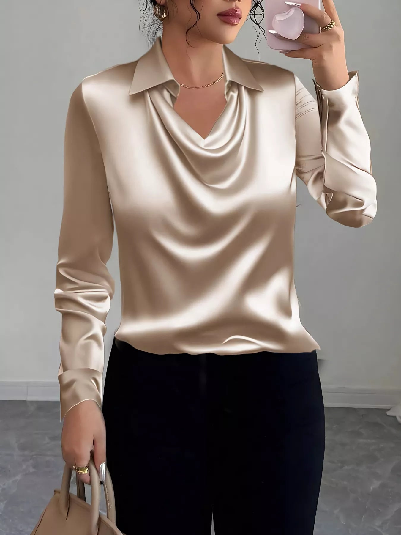 Satin Collared Neck Long Sleeve Blouse Tan OutfitFlow