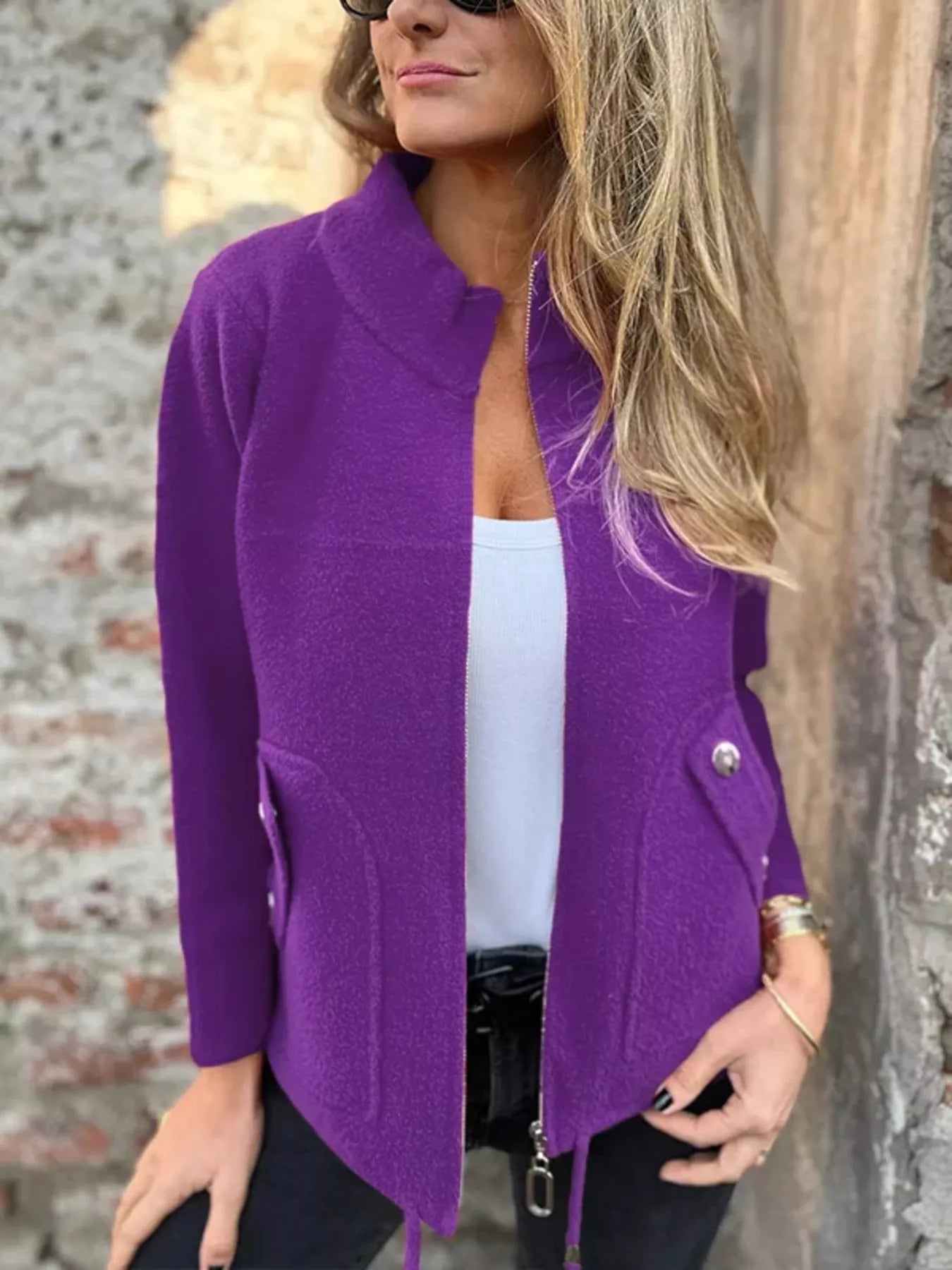 Full Size Textured Knit Zip Up Outerwear Plus Size Purple Trendsi
