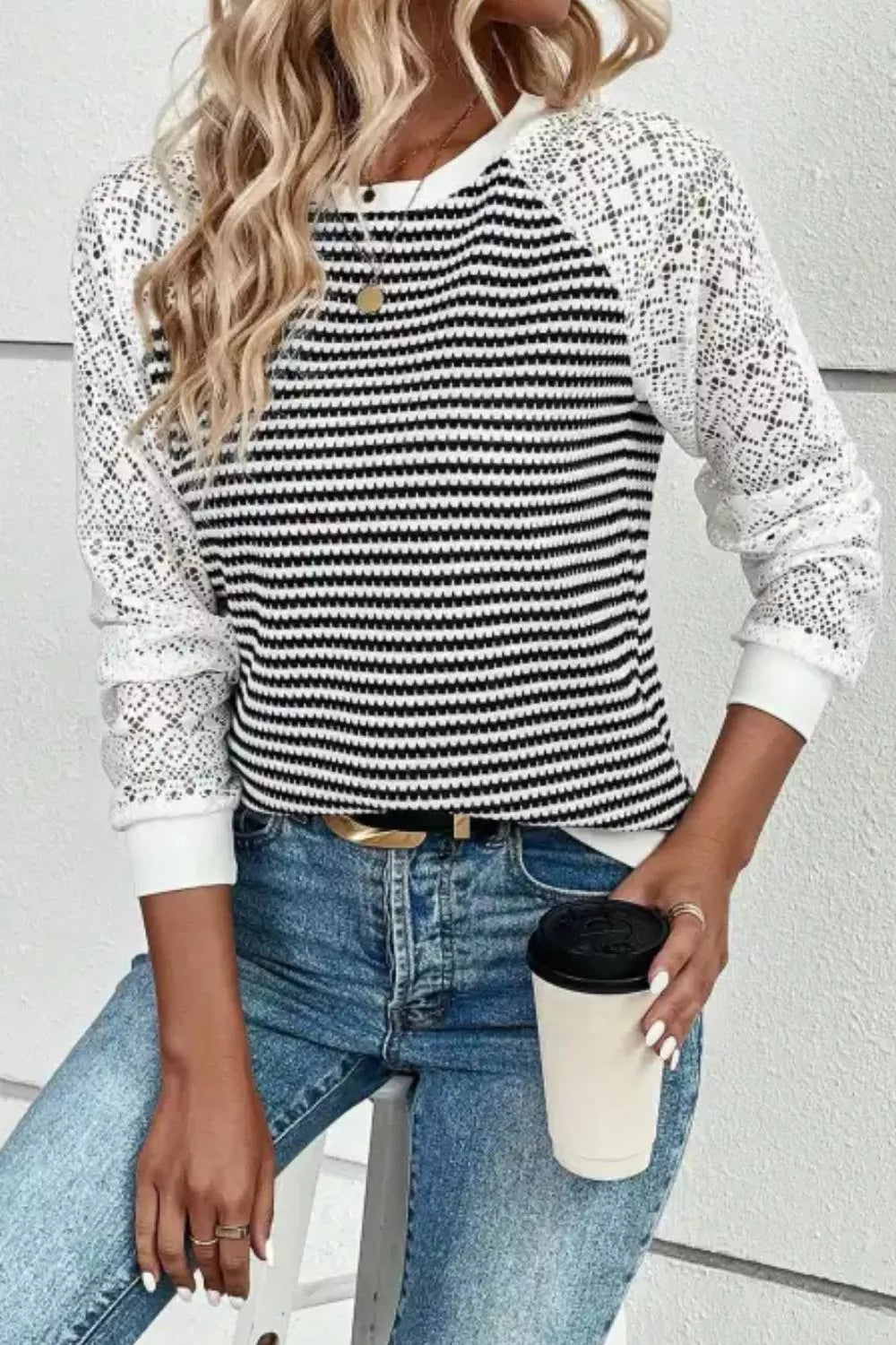Striped Lace Raglan Sleeve Blouse Stripe Trendsi