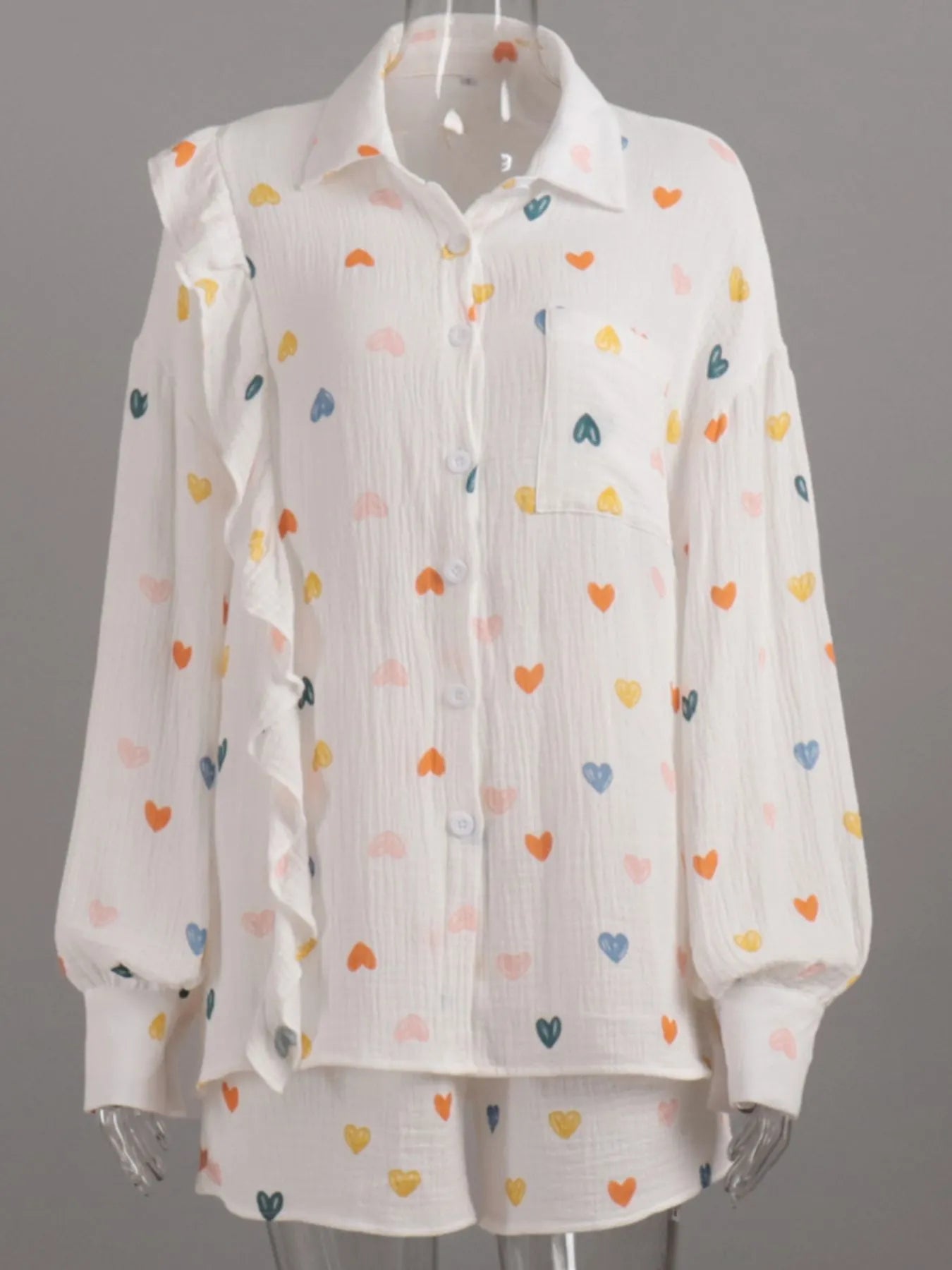 Colorful Heart Print Shirt and Shorts Set OutfitFlow