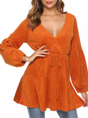 Velvet Long Sleeve Drawstring Blouse Trendsi