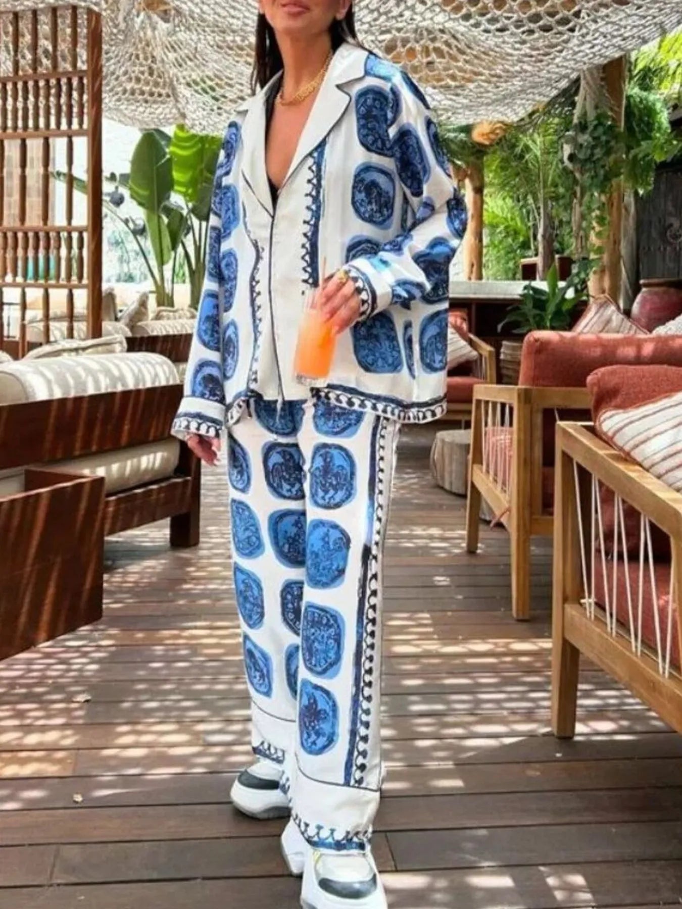 Printed Button Up Shirt and Pants Set OutfitFlow