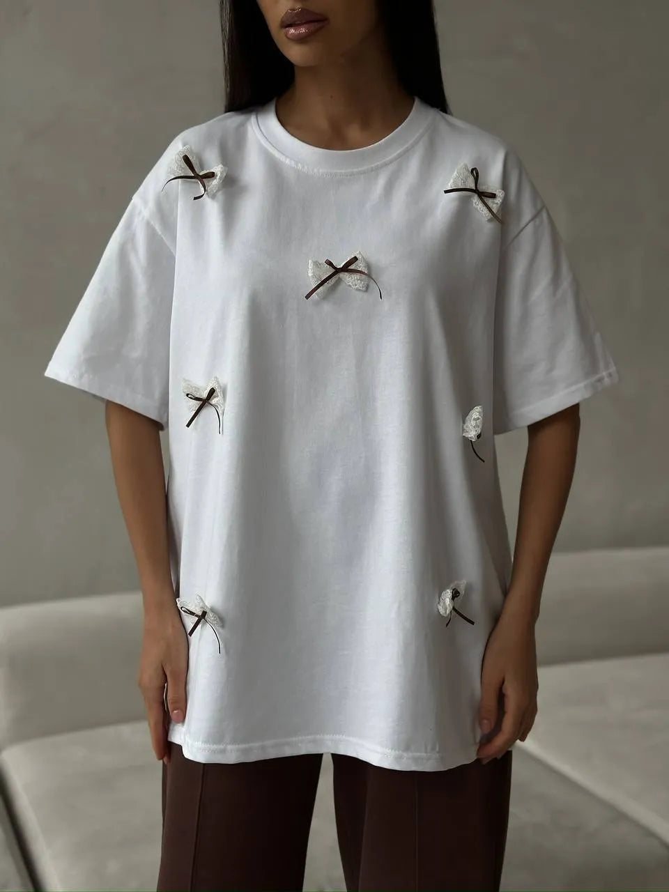 Bow Round Neck Oversized T-Shirt OutfitFlow