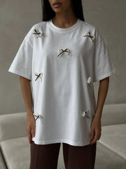 Bow Round Neck Oversized T-Shirt OutfitFlow
