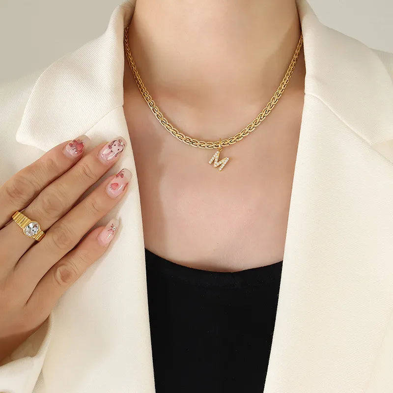Brass Inlaid Zircon Letter Pendant Necklace Style M One Size OutfitFlow