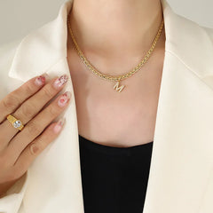 Brass Inlaid Zircon Letter Pendant Necklace Style M One Size OutfitFlow