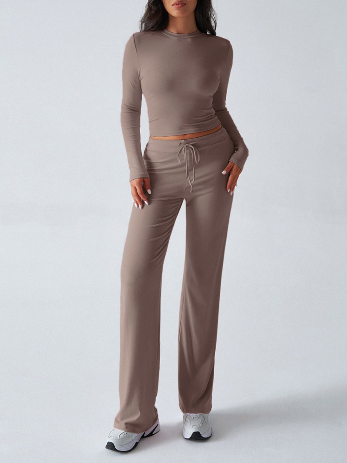 Devine Round Neck Long Sleeve Top and Drawstring Pants Set