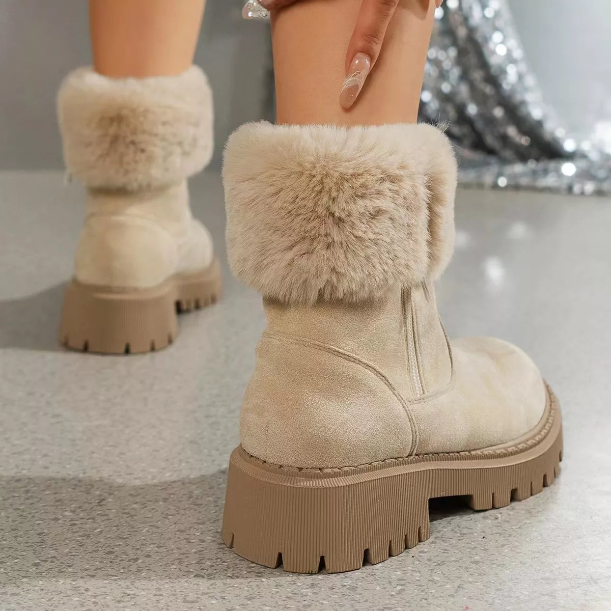 Side Zipper Fuzzy Boots Trendsi