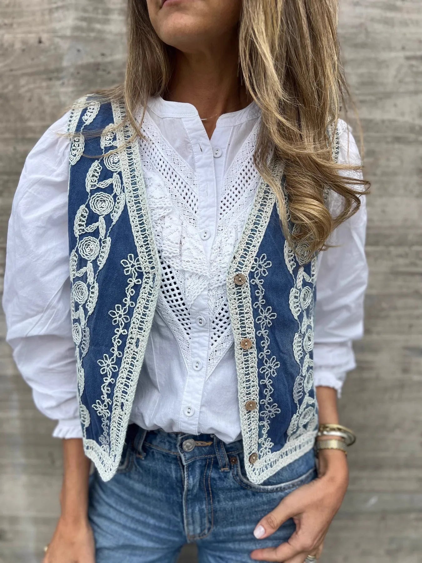 Embroidered Button Up V-Neck Vest Coat Blue One Size Trendsi